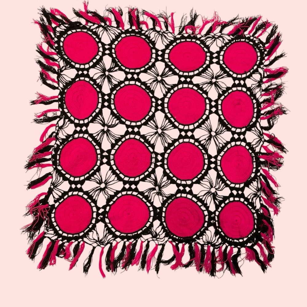 Vintage 70’s handmade crochet rosette fringe whimsigoth festival tablecloth boho